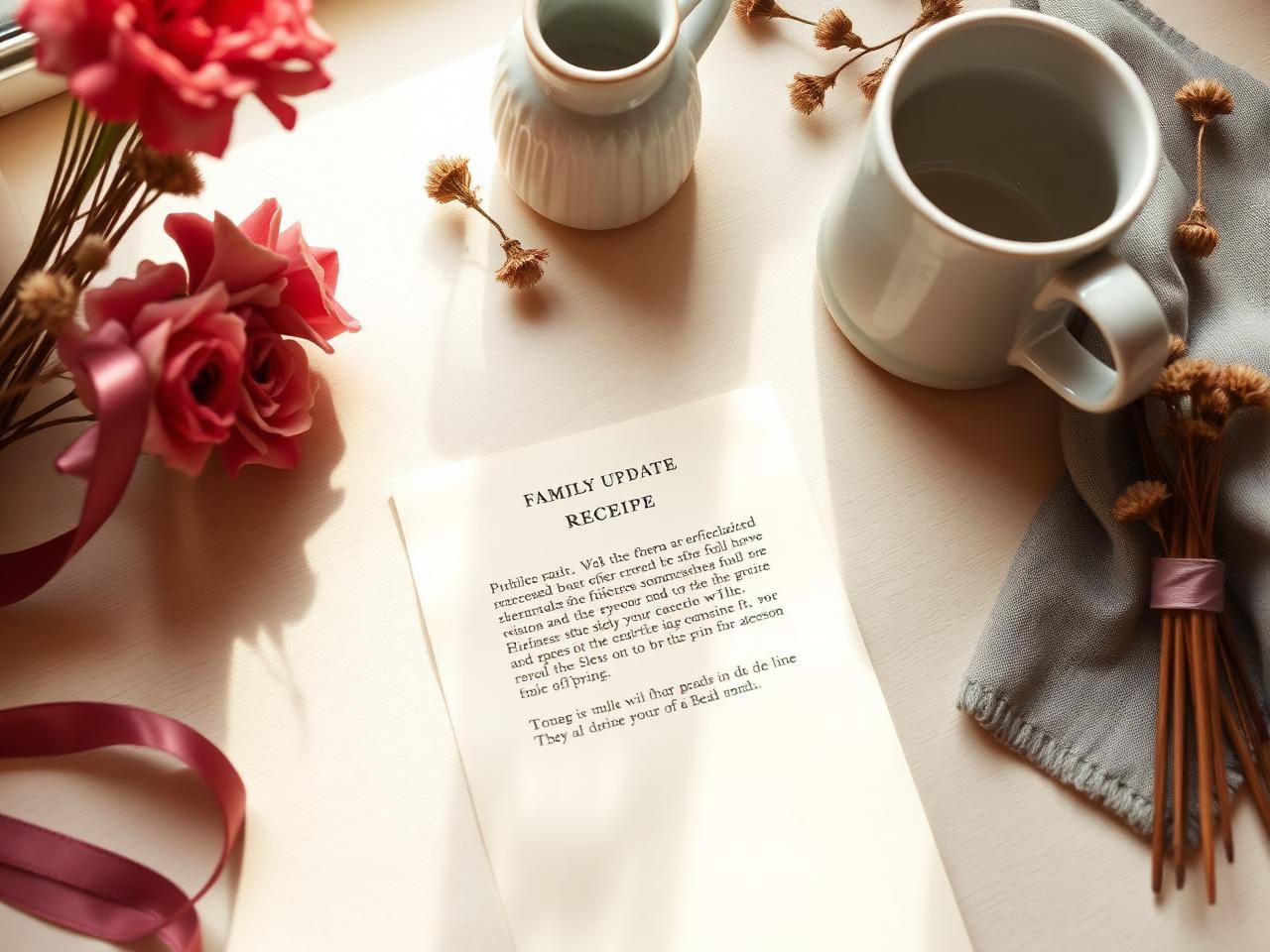 Printed family update receipt with ribbon and dried flowers