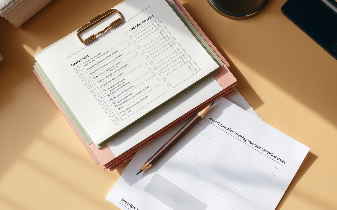 Stack of printed AcuityRow operator templates and worksheets on a warm desk.