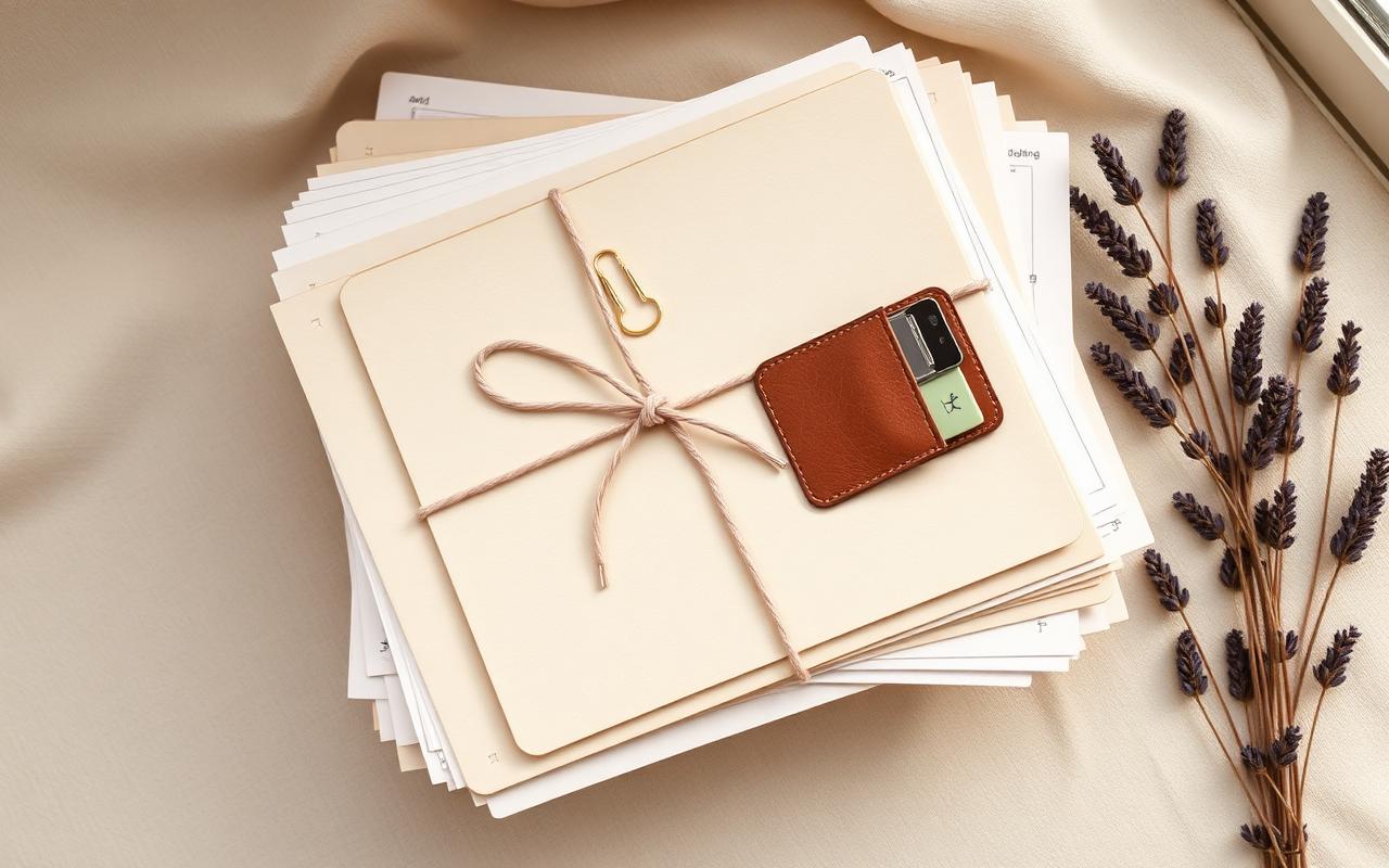Stack of cream folders tied with rose string and a leather tab